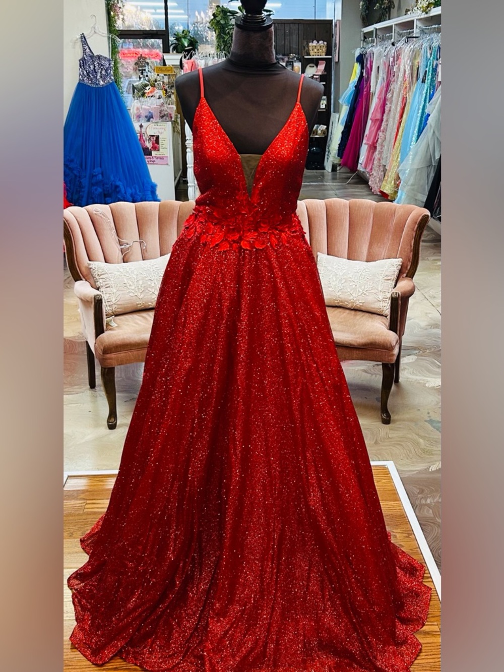 Elegant Red Prom Gown with Floral Waist Detail